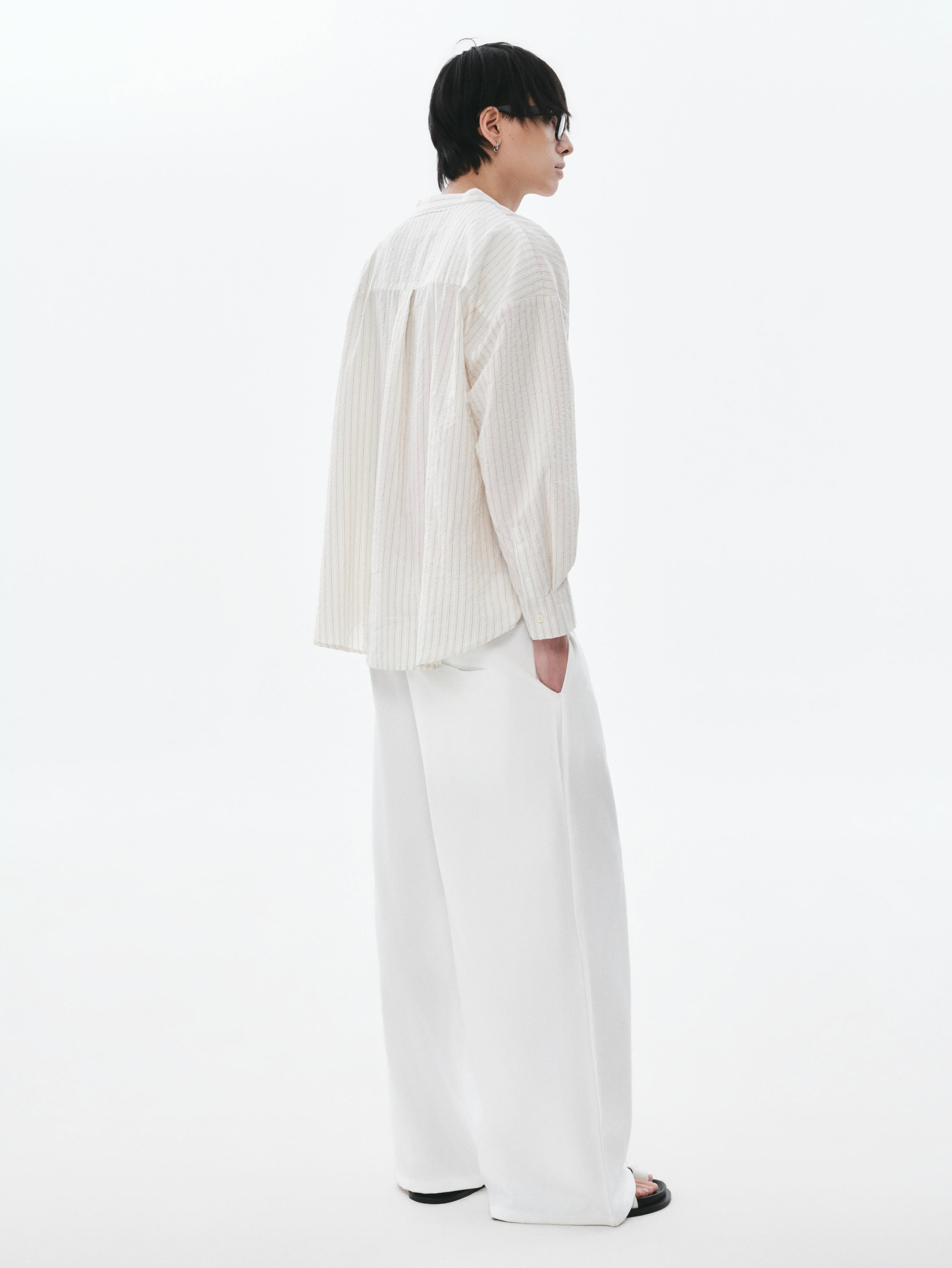 OWST Band Collar Shirt White Striped