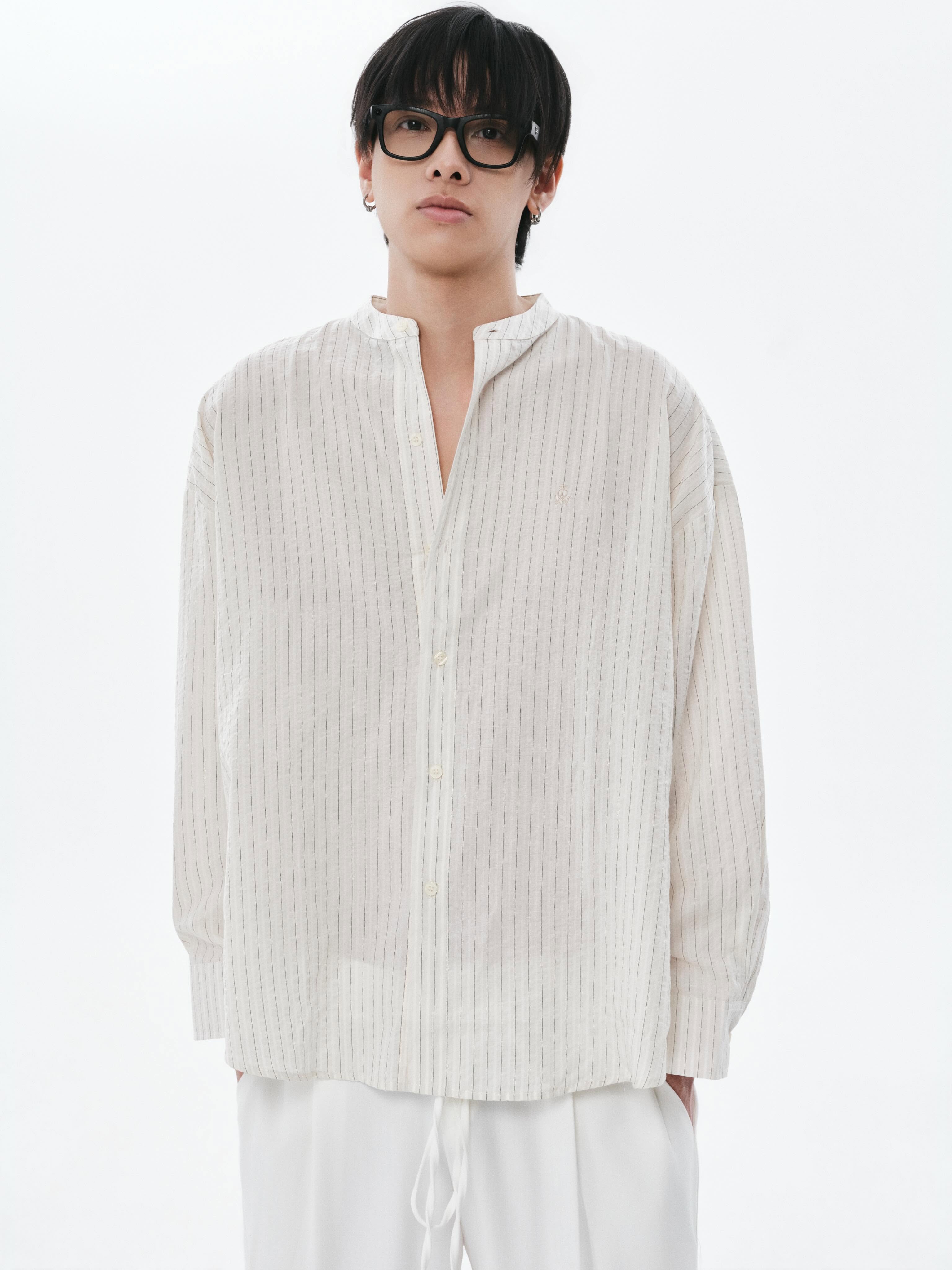 OWST Band Collar Shirt White Striped